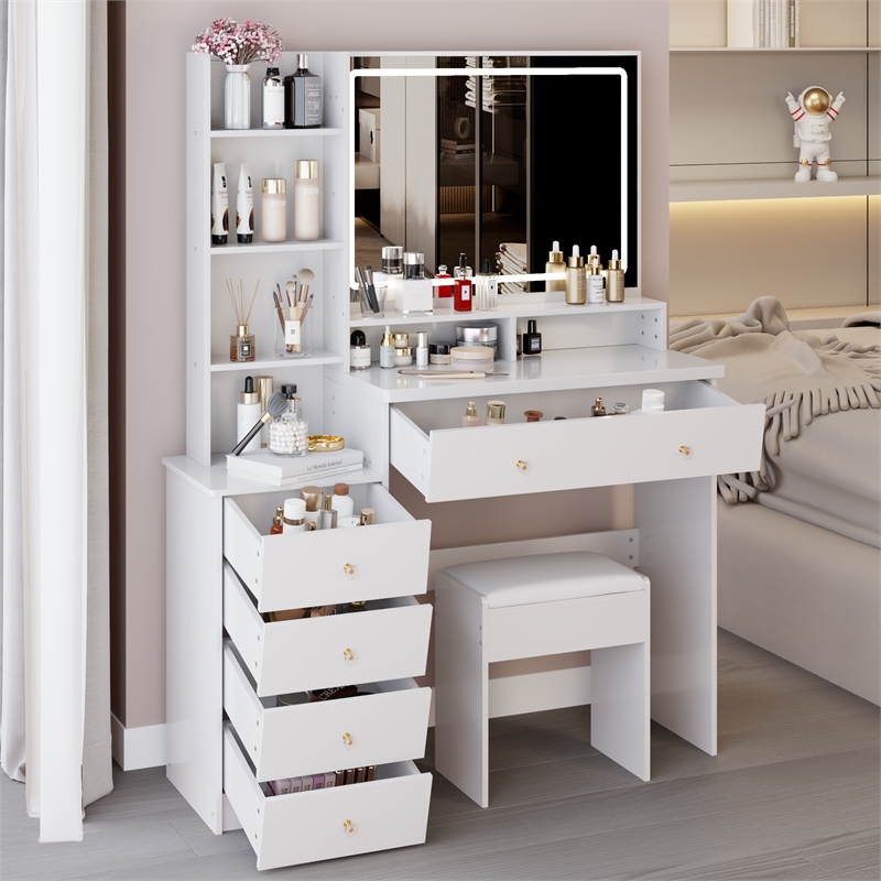 White MDF 41  Vanity Table Set with LED Mirror  Cushioned Stool   Storage Case