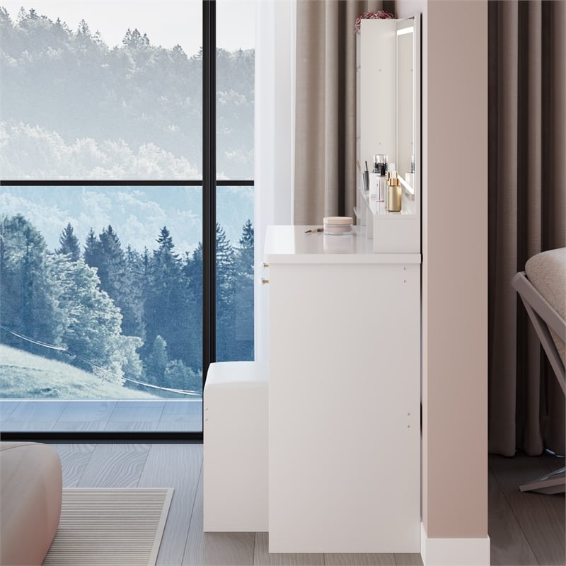 White MDF 41  Vanity Table Set with LED Mirror  Cushioned Stool   Storage Case