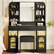 43.2 wood Vanity Desk with LED Mirror  RGB Cabinets   Stool  Black