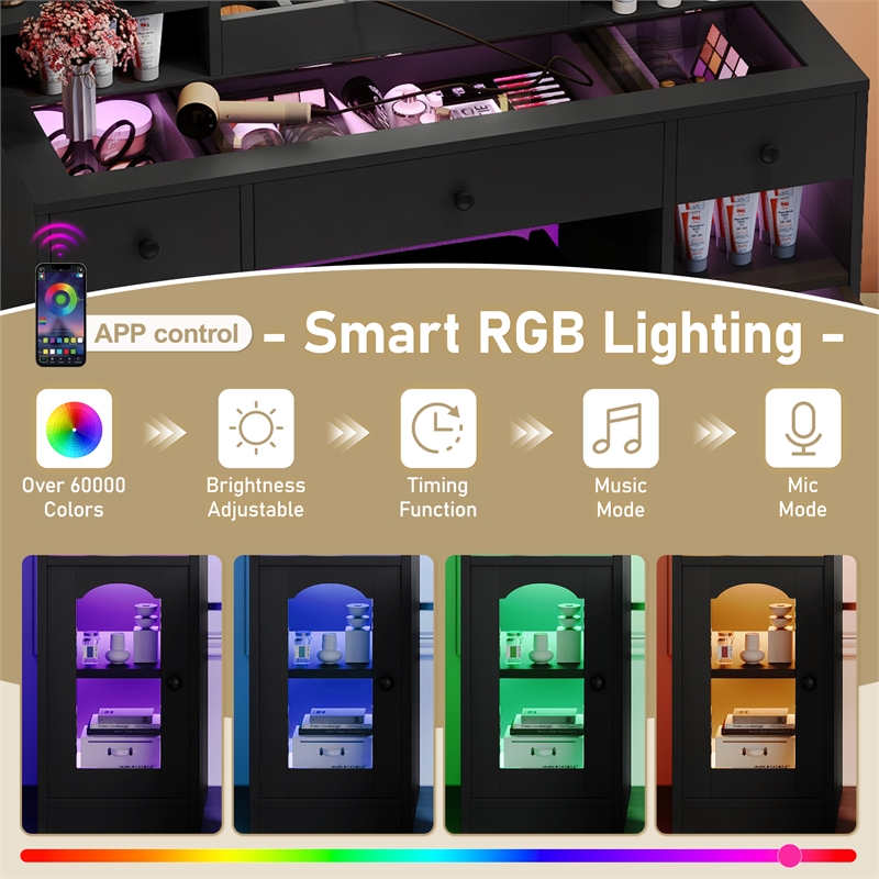 43.2 wood Vanity Desk with LED Mirror  RGB Cabinets   Stool  Black