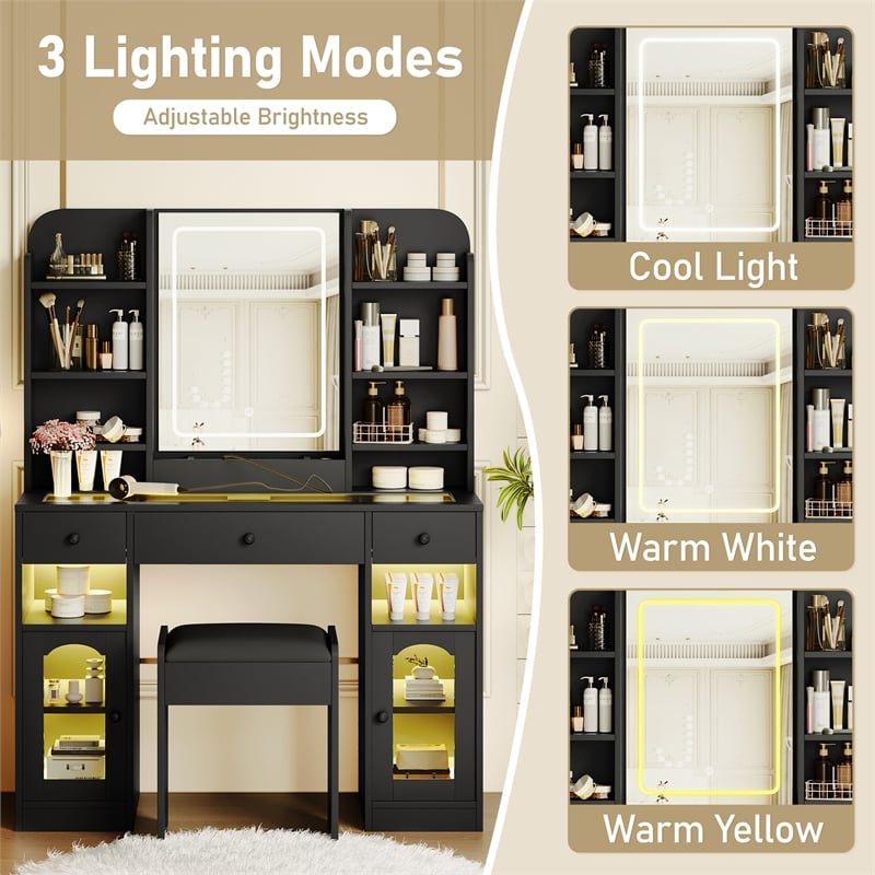 43.2 wood Vanity Desk with LED Mirror  RGB Cabinets   Stool  Black