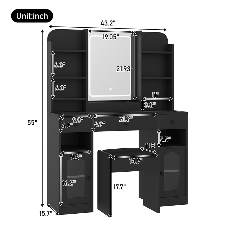 43.2 wood Vanity Desk with LED Mirror  RGB Cabinets   Stool  Black