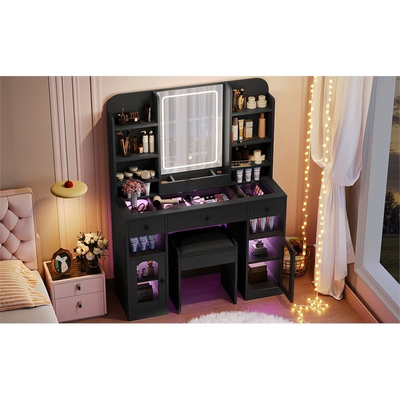 43.2 wood Vanity Desk with LED Mirror  RGB Cabinets   Stool  Black