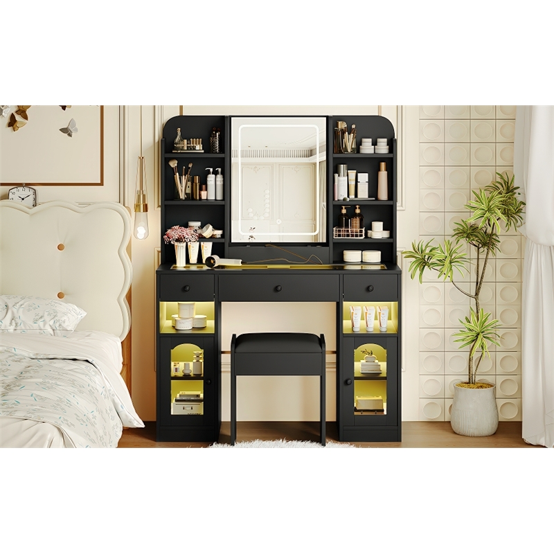 43.2 wood Vanity Desk with LED Mirror  RGB Cabinets   Stool  Black