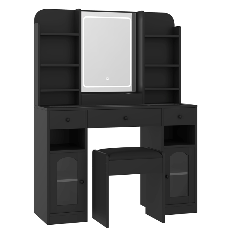 43.2 wood Vanity Desk with LED Mirror  RGB Cabinets   Stool  Black