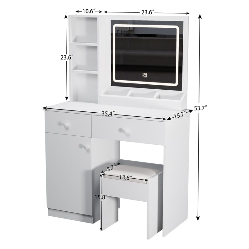 White wood Fashion Vanity Desk with Mirror Lights and 2 Large Drawers