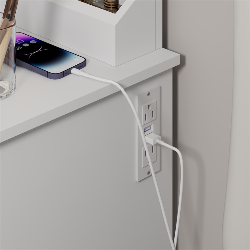 White wood Fashion Vanity Desk with Mirror Lights and 2 Large Drawers