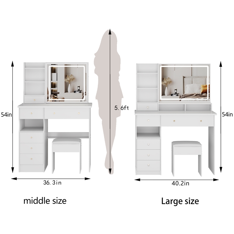 41 White wood Vanity Table with LED Mirror Storage Stool  Large Desktop