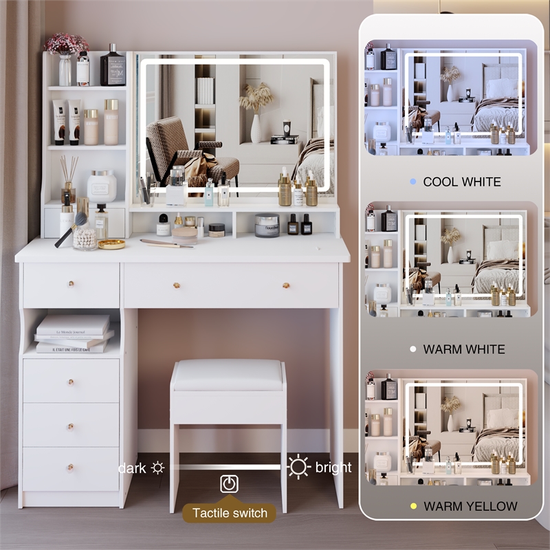 41 White wood Vanity Table with LED Mirror Storage Stool  Large Desktop