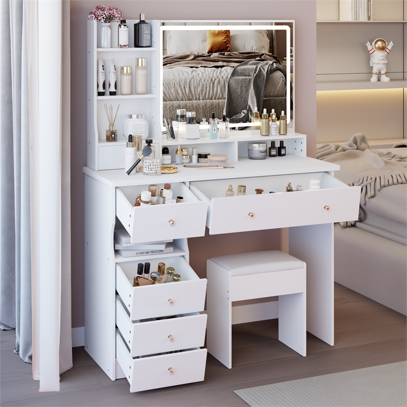 41 White wood Vanity Table with LED Mirror Storage Stool  Large Desktop