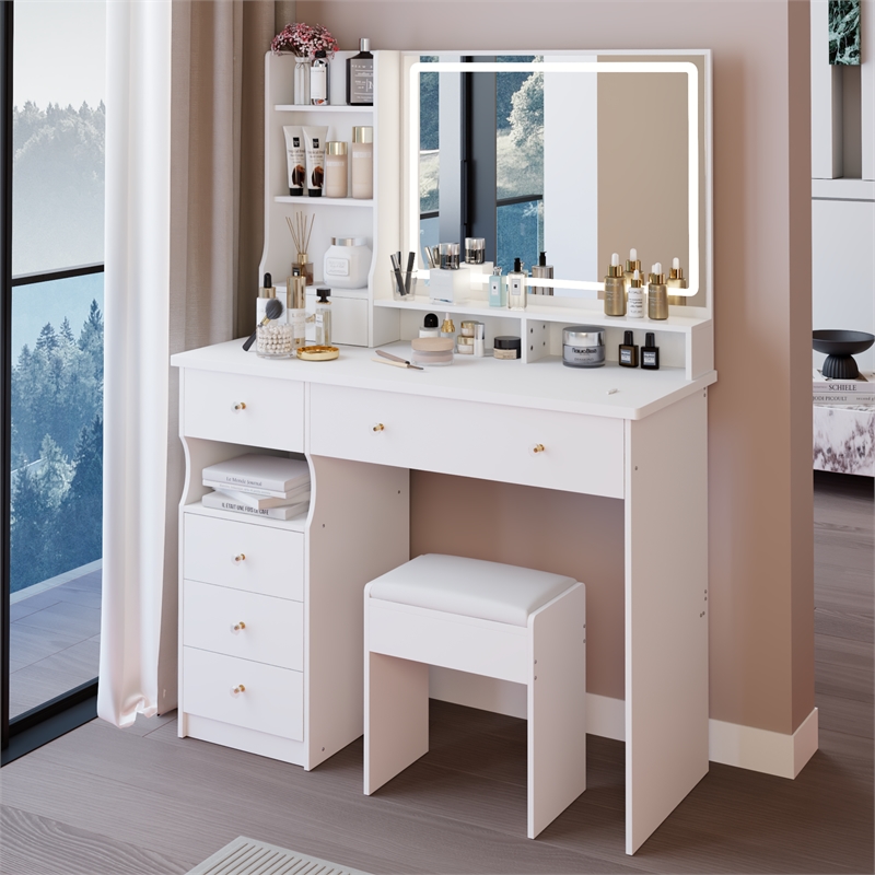 41 White wood Vanity Table with LED Mirror Storage Stool  Large Desktop