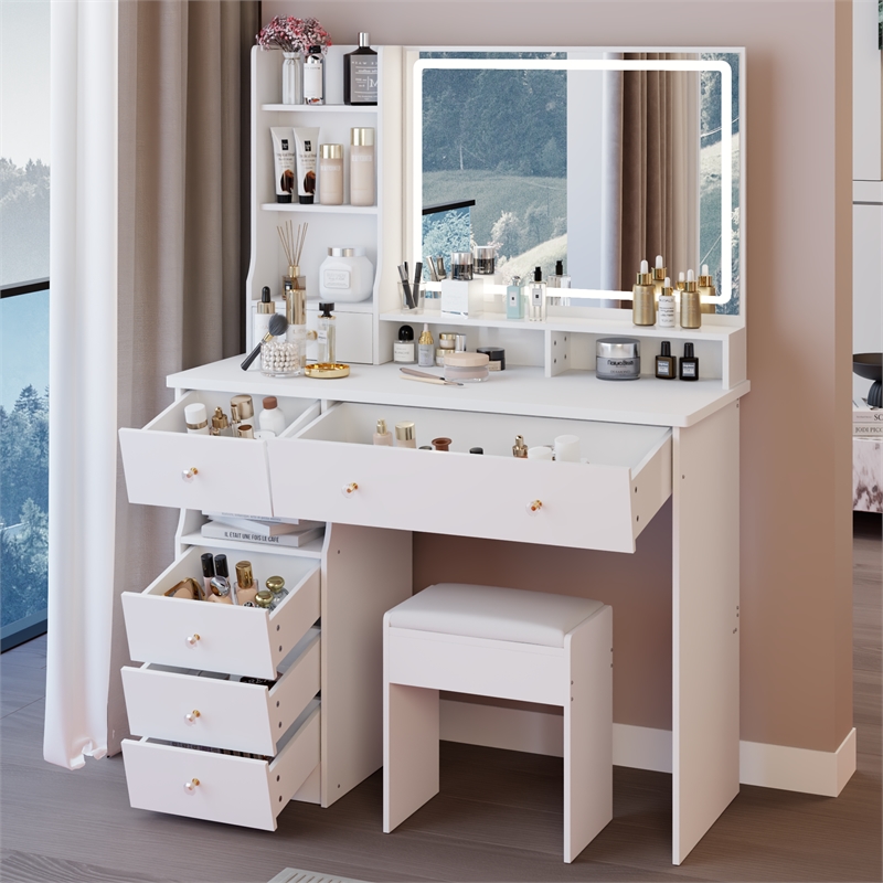 41 White wood Vanity Table with LED Mirror Storage Stool  Large Desktop