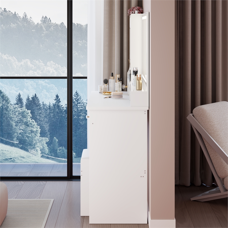 41 White wood Vanity Table with LED Mirror Storage Stool  Large Desktop