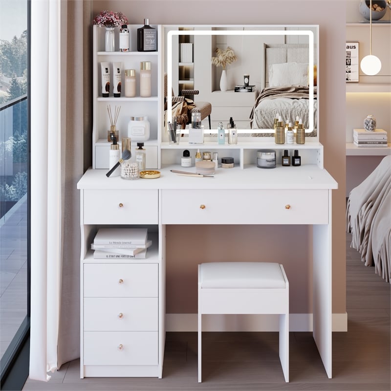 41 White wood Vanity Table with LED Mirror Storage Stool  Large Desktop