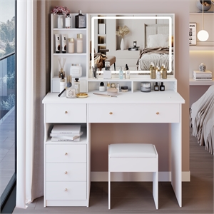 41 White wood Vanity Table with LED Mirror Storage Stool  Large Desktop