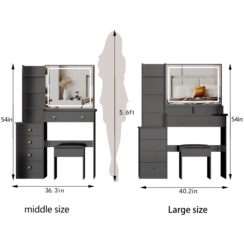 41 Black wood Bedside Vanity Table with LED Mirror and Cushioned Stool