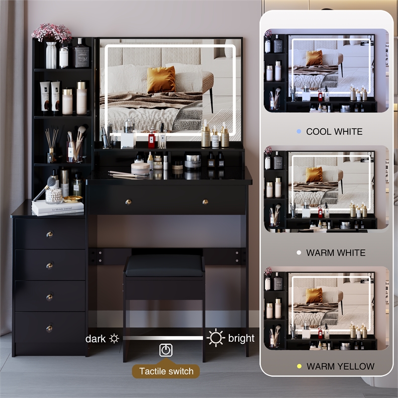 41 Black wood Bedside Vanity Table with LED Mirror and Cushioned Stool