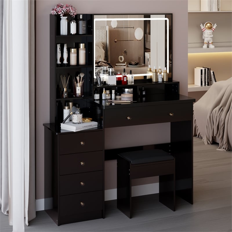 41 Black wood Bedside Vanity Table with LED Mirror and Cushioned Stool