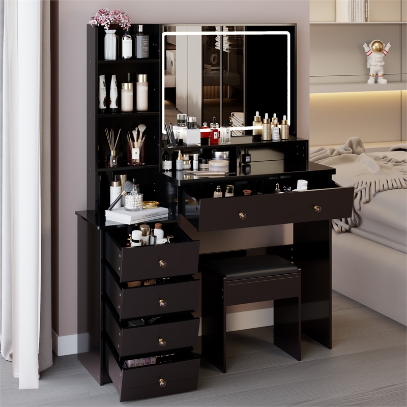 41 Black wood Bedside Vanity Table with LED Mirror and Cushioned Stool