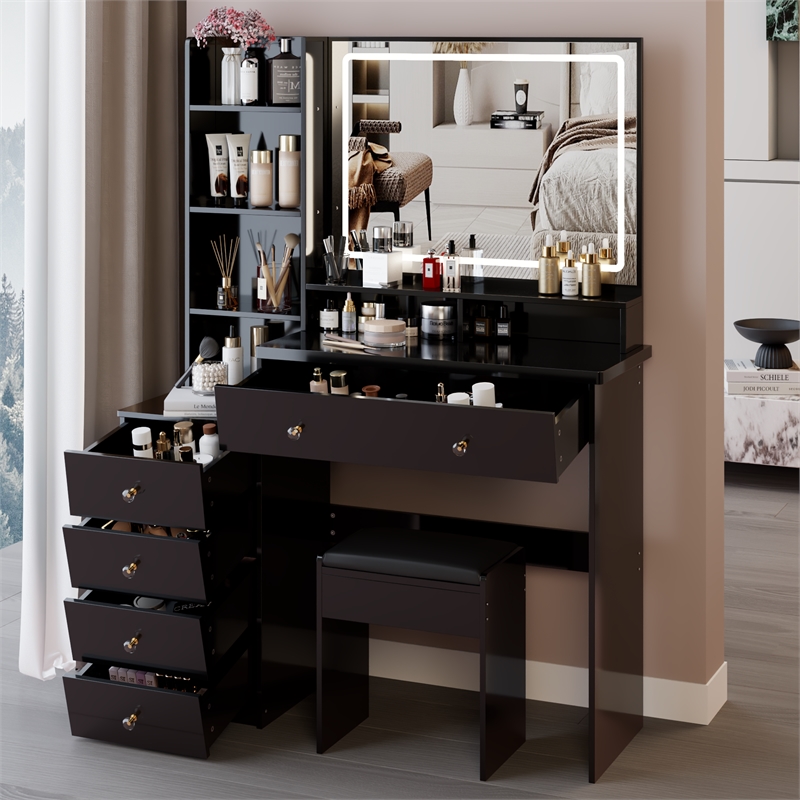 41 Black wood Bedside Vanity Table with LED Mirror and Cushioned Stool