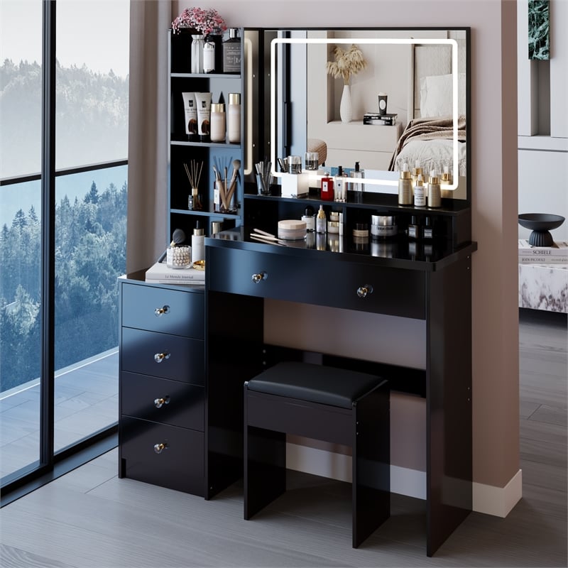 41 Black wood Bedside Vanity Table with LED Mirror and Cushioned Stool