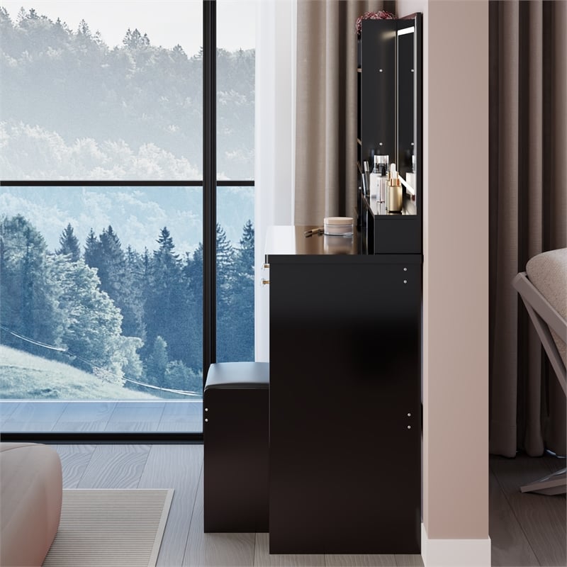 41 Black wood Bedside Vanity Table with LED Mirror and Cushioned Stool