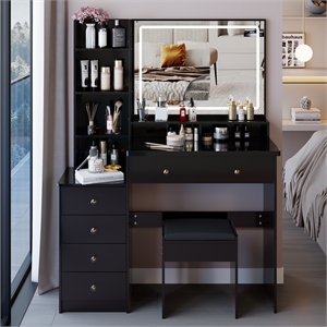 41 Black wood Bedside Vanity Table with LED Mirror and Cushioned Stool