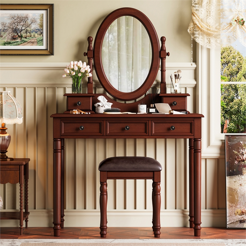 Walnut Wood Vintage Vanity Desk Set with Mirror 5 Drawers  Stool