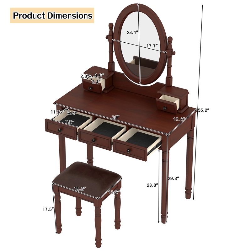 Walnut Wood Vintage Vanity Desk Set with Mirror 5 Drawers  Stool