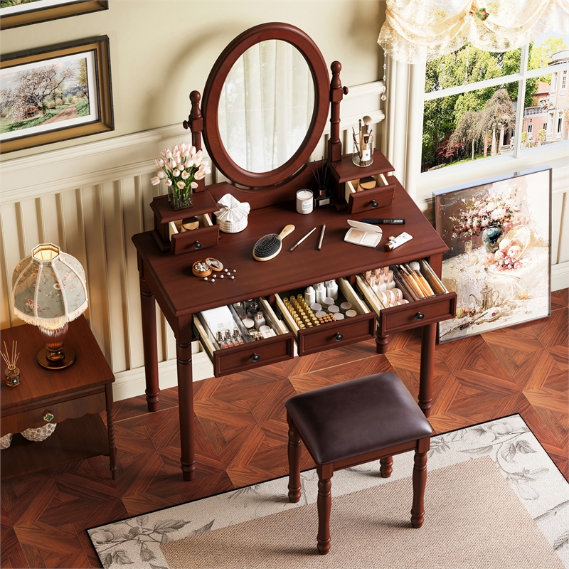 Walnut Wood Vintage Vanity Desk Set with Mirror 5 Drawers  Stool