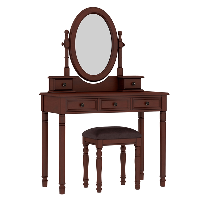 Walnut Wood Vintage Vanity Desk Set with Mirror 5 Drawers  Stool