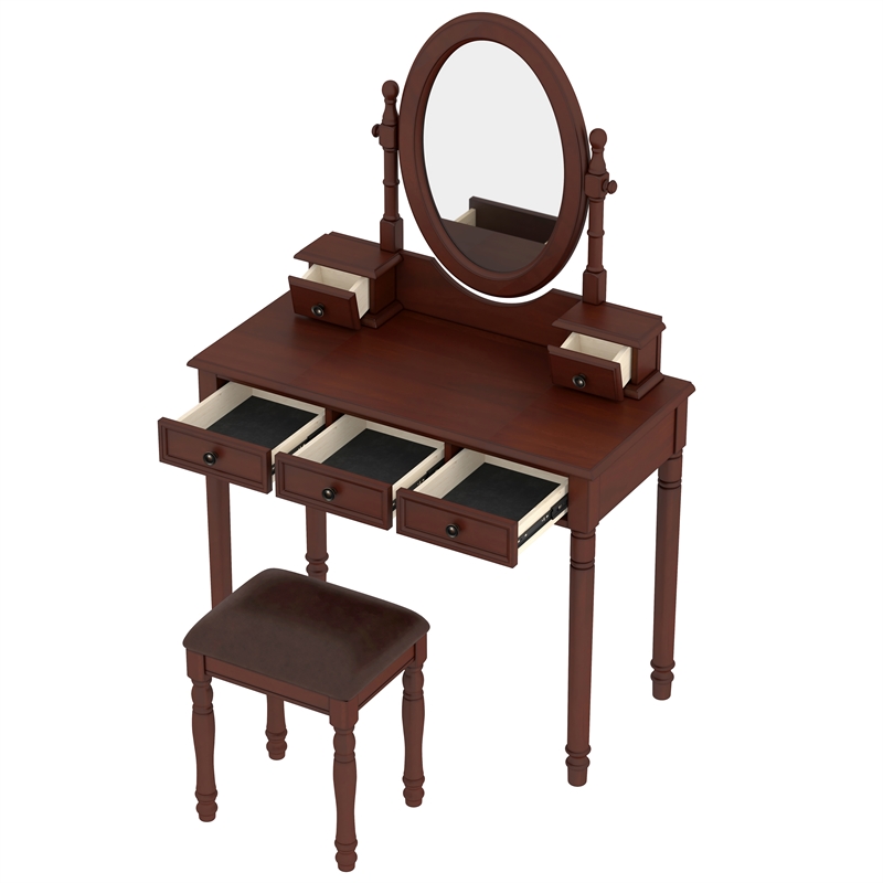 Walnut Wood Vintage Vanity Desk Set with Mirror 5 Drawers  Stool