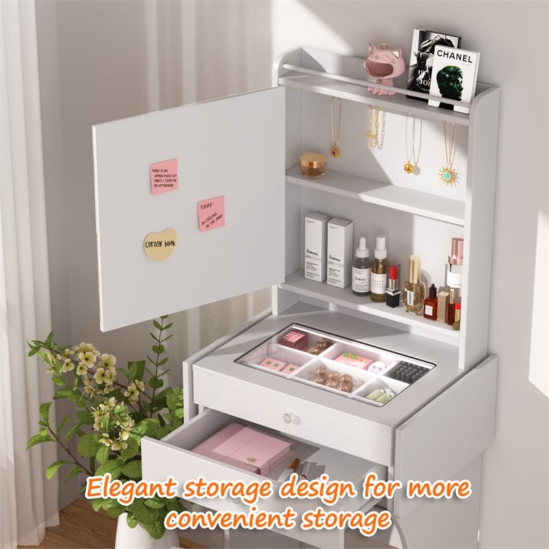 White MDF Small Space Vanity Set with Stool & Foldable Side Tables