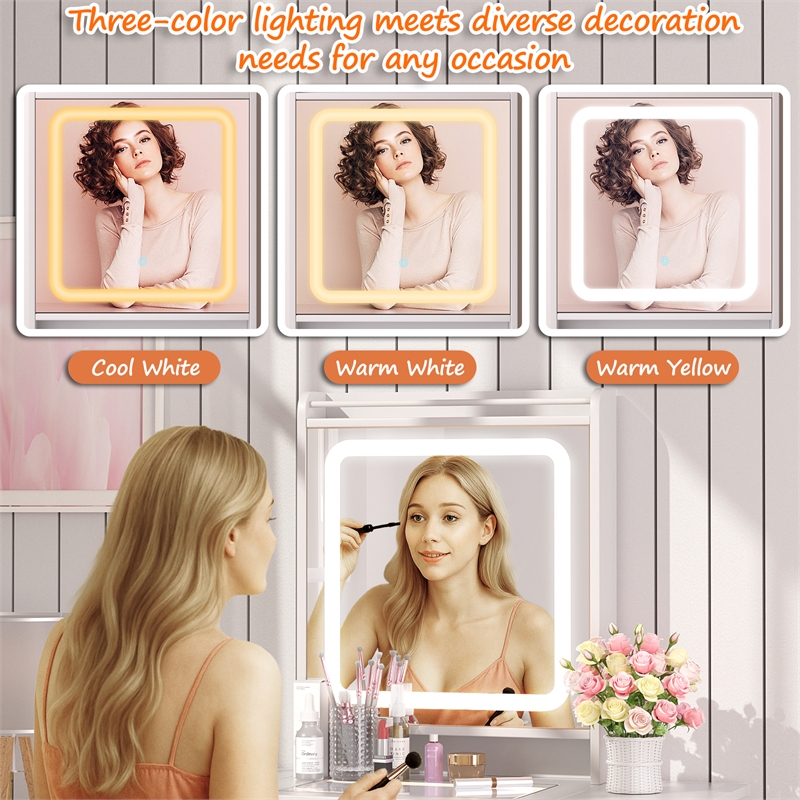 White MDF Small Space Vanity Set with Stool & Foldable Side Tables