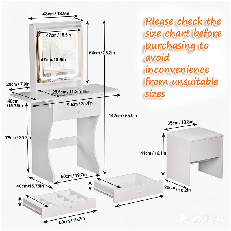 White MDF Small Space Vanity Set with Stool & Foldable Side Tables