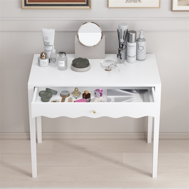 White 35.4  MDF Vanity Desk with Drawer and Gold Knob Modern Compact Table
