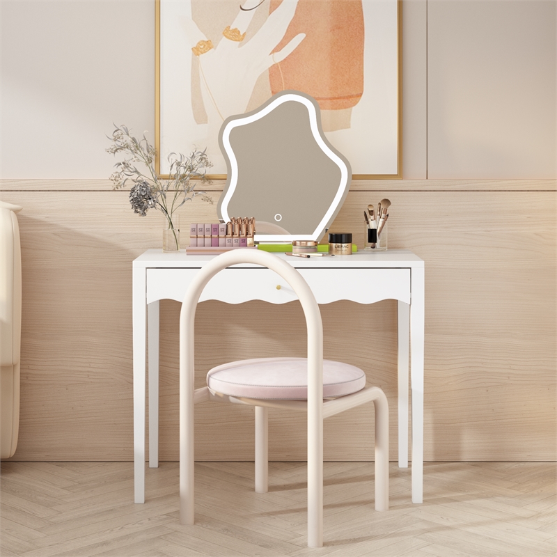 White 35.4  MDF Vanity Desk with Drawer and Gold Knob Modern Compact Table