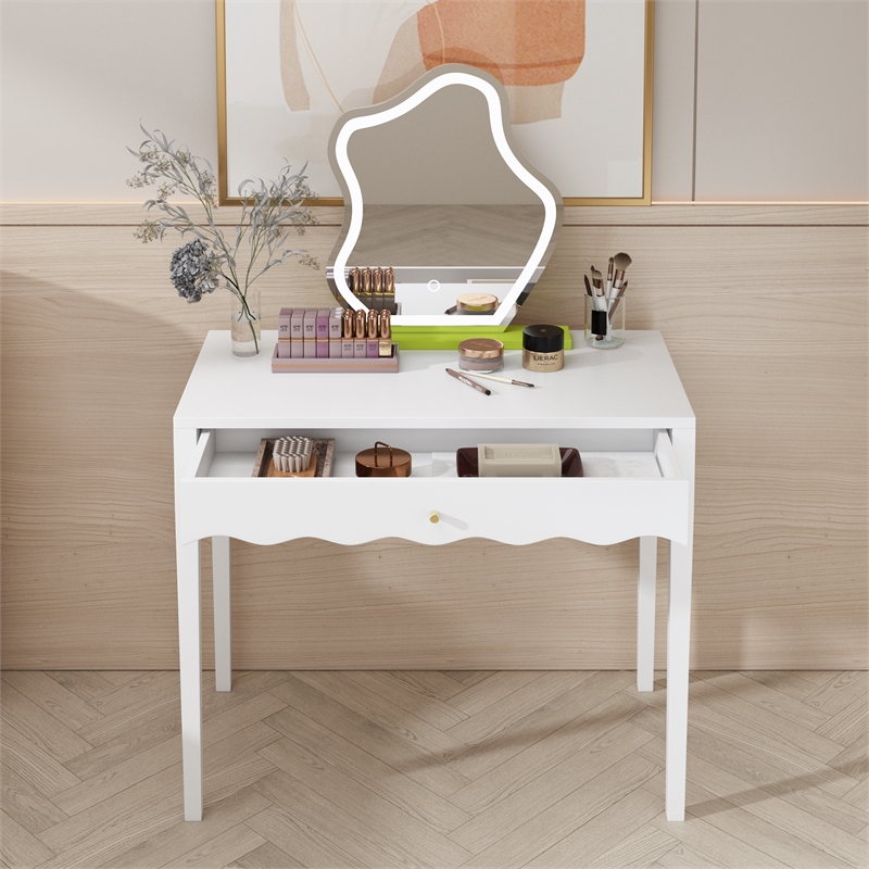 White 35.4  MDF Vanity Desk with Drawer and Gold Knob Modern Compact Table