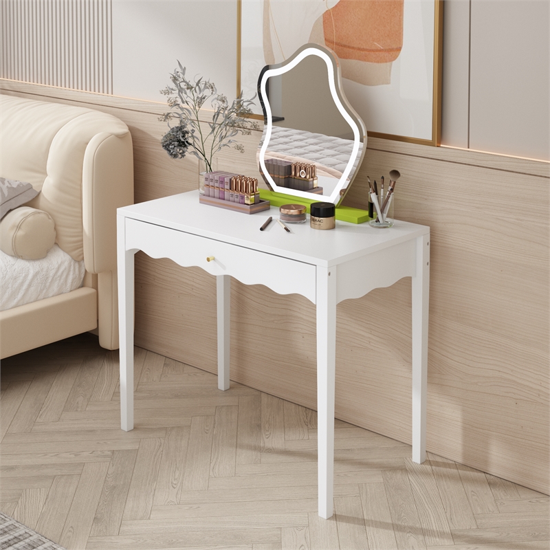 White 35.4  MDF Vanity Desk with Drawer and Gold Knob Modern Compact Table