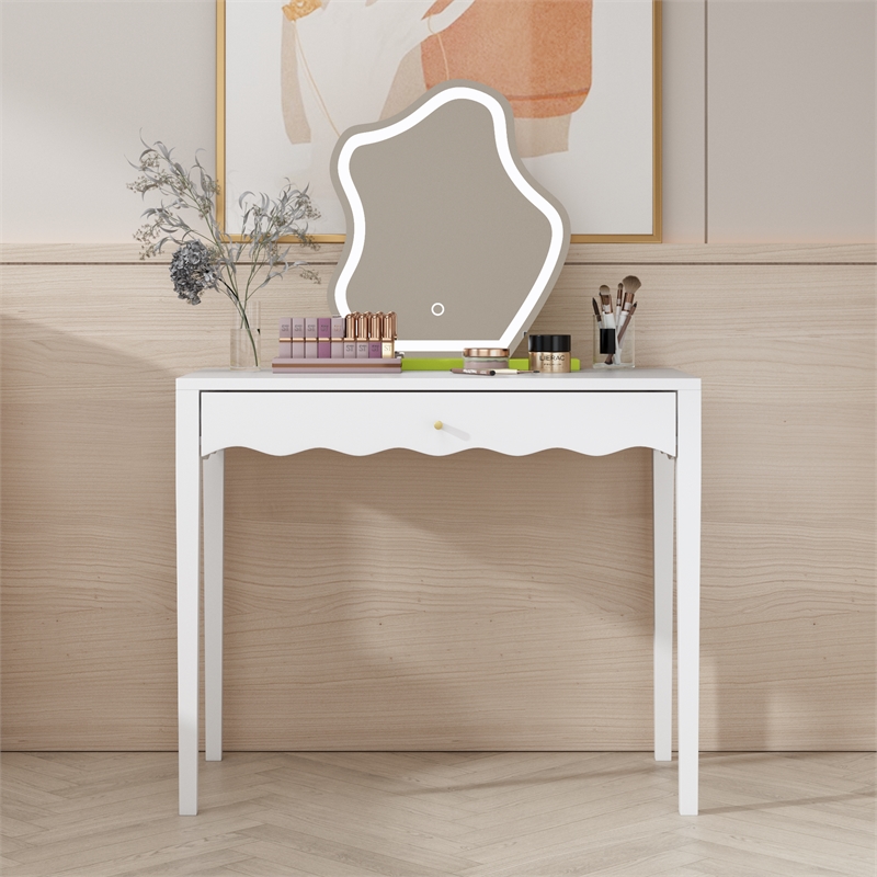 White 35.4  MDF Vanity Desk with Drawer and Gold Knob Modern Compact Table