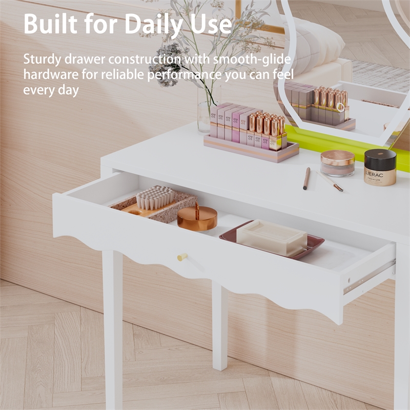 White 35.4  MDF Vanity Desk with Drawer and Gold Knob Modern Compact Table