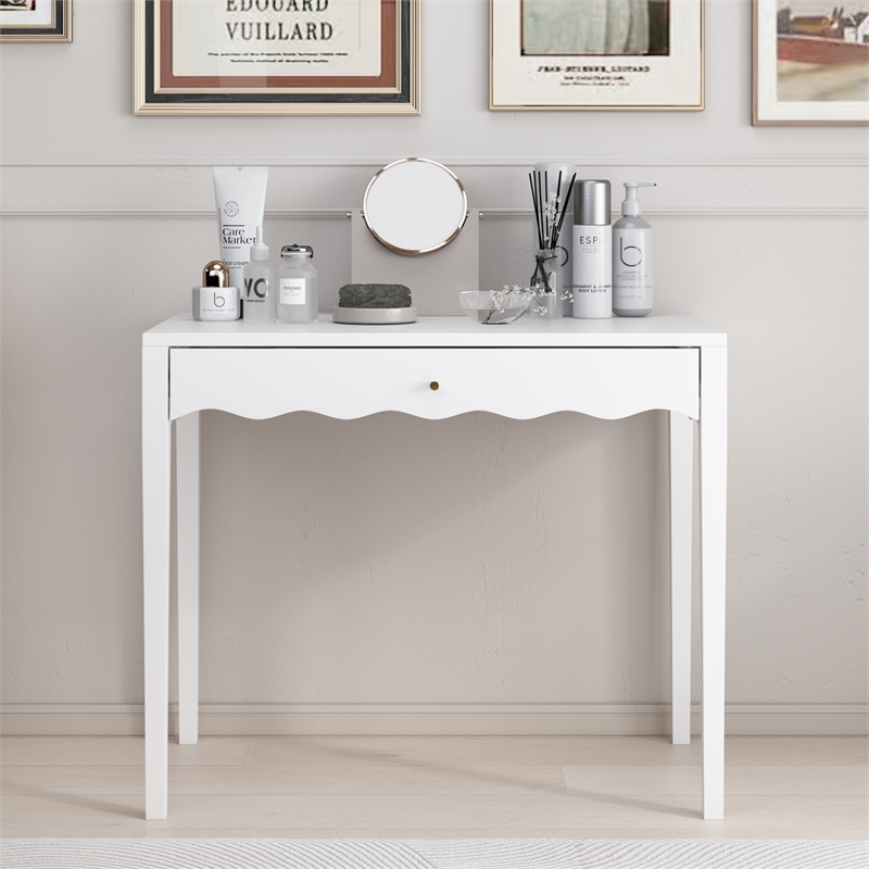 White 35.4  MDF Vanity Desk with Drawer and Gold Knob Modern Compact Table