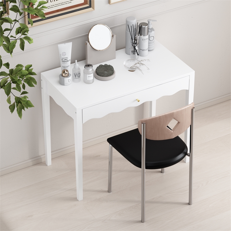 White 35.4  MDF Vanity Desk with Drawer and Gold Knob Modern Compact Table