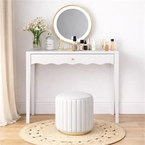 White 35.4  MDF Vanity Desk with Drawer and Gold Knob Modern Compact Table