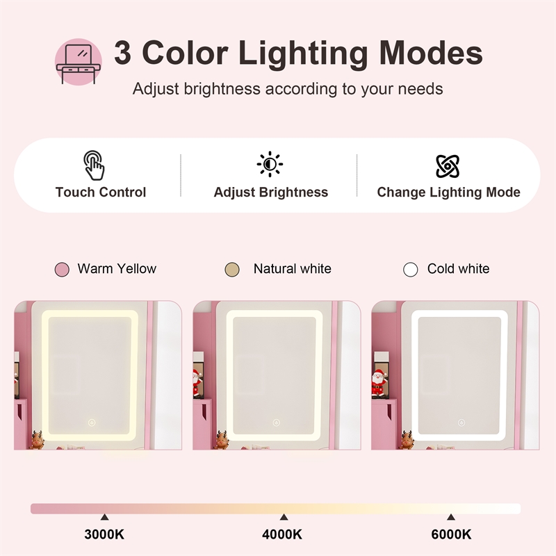 Pink MDF LED Vanity Mirror Dressing Table with Stool & Storage Cabinets