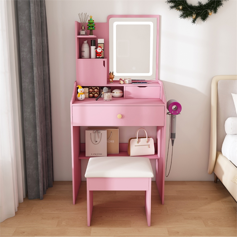 Pink MDF LED Vanity Mirror Dressing Table with Stool & Storage Cabinets