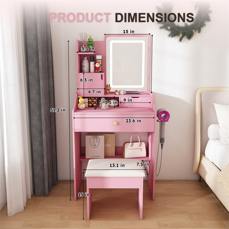 Pink MDF LED Vanity Mirror Dressing Table with Stool & Storage Cabinets
