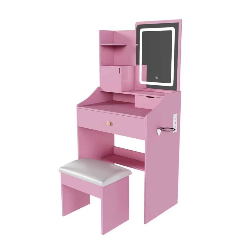 Pink MDF LED Vanity Mirror Dressing Table with Stool & Storage Cabinets