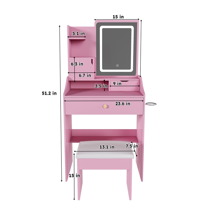Pink MDF LED Vanity Mirror Dressing Table with Stool & Storage Cabinets