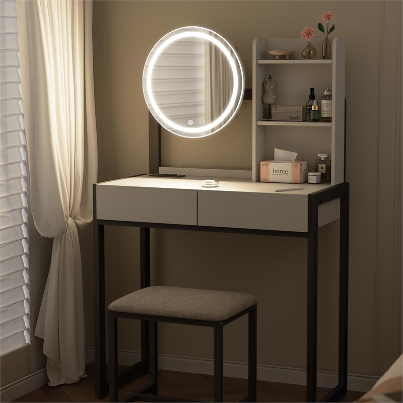 Small Vanity Desk with LED Mirror & Stool  Metal & Synthetic Wood (White & Black)